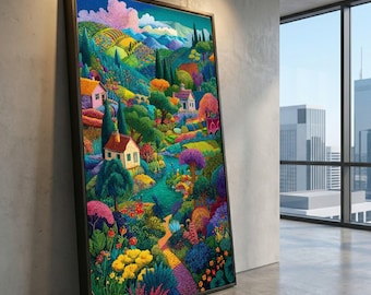 Whimsical Countryside Canvas Art, Colorful Floral Garden Path, Village Scene
