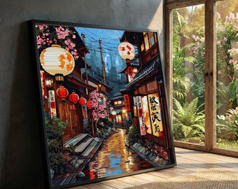 Japanese Alley Canvas Art, Night Lanterns, Sakura Blossom Decor