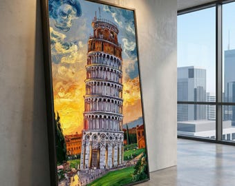Leaning Tower of Pisa Canvas, Van Gogh Style Italian Art, Sunset