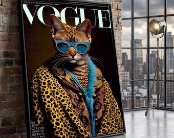 Vogue Cat Leopard Print Canvas Art, Stylish Home Decor