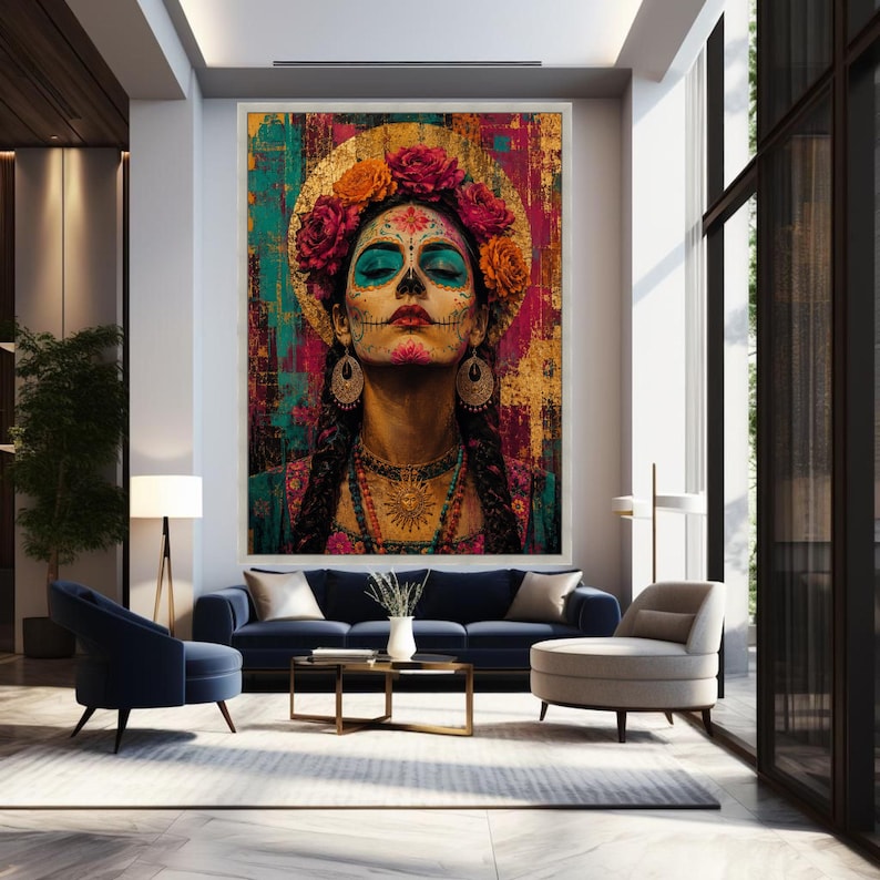 Day of the Dead Portrait Canvas, Mexican Sugar Skull Art, Floral Crown