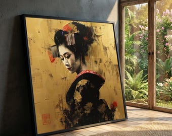 Geisha Portrait Canvas, Gold Background, Japanese Art
