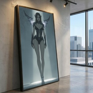 Op de afbeelding: Ingelijst kunstwerk met een fantasiefiguur met donkere vleugels en een zwart bodysuit. Het kunstwerk wordt tentoongesteld in een moderne kamer met een groot raam met uitzicht op een stadsgezicht. De figuur heeft lang donker haar en staat in een lichtstraal.