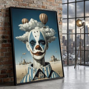 Puede incluir: Obra de arte enmarcada que presenta un retrato surrealista de un payaso. El payaso tiene la piel blanca, marcas en forma de diamante azules y blancas, y una nariz y boca rojas. Dos globos aerostáticos flotan sobre una nube. El payaso lleva una camisa a rayas azules y blancas.