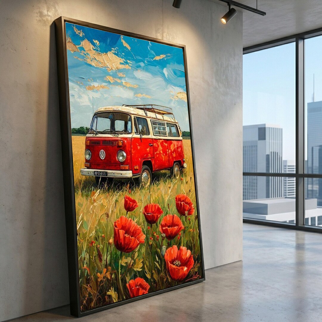 Vw Bus Rear Canvas Vintage Red VW Camper Van Canvas Print, Poppy Field, Boho Wall Art - Etsy