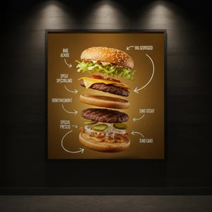 以下が含まれることがあります： 分解されたハンバーガーを示す額入りのポスター。画像には、バンズ、レタス、トマト、チーズ、パティ、ピクルス、ソースなどのハンバーガーの構成要素が表示され、「Bug Ackige」や「Big Sedosced」などのラベルが付いています。背景は温かみのある茶色です。