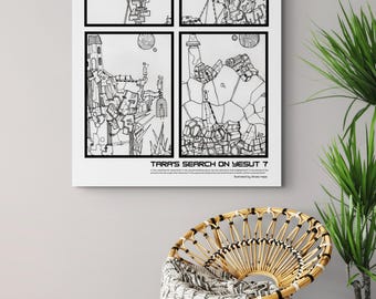 Lámina de arte surrealista de ciencia ficción / Ilustración de paisaje futurista en blanco y negro