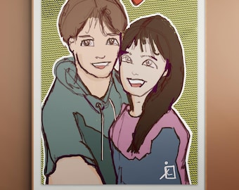 Lámina artística de pareja manga, ilustración de anime acogedora, arte mural indie retro.