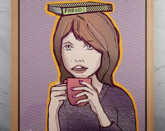 Lámina artística "El sorbo freudiano" - Regalo original para psicólogos, divertida lámina para amantes de los libros, ilustración digital tamaño A4.