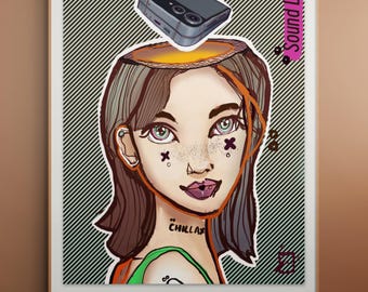 Lámina artística "Sound Libation", póster de arte pop surrealista, ilustración de chica cyberpunk, decoración de pared colorida y original, arte digital Procreate.