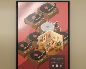 Decoración de pared con diseño de disco de vinilo / Lámina para amantes de la música / Decoración de ambiente lo-fi / Ilustración de tocadiscos / Descarga digital / Lámina para sala de escucha