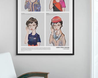 Póster de moda para tripulación de cabina – Ilustración de uniformes de aerolíneas (Singapore Airlines, Qantas, Air France, Emirates) – Arte mural de aviación