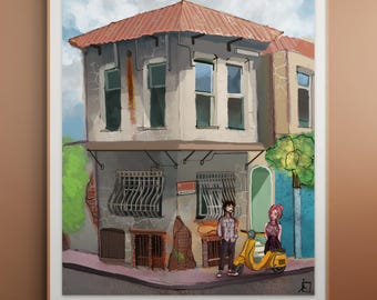 Lámina artística surrealista de una pareja en una Vespa Scooter, póster con ilustración urbana caprichosa