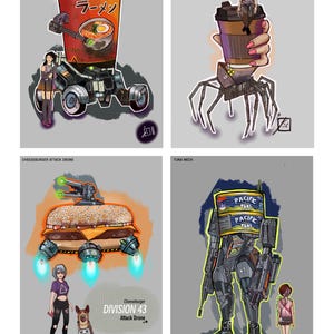 Może przedstawiać: Ilustracja czterech "Food Revolution Units": Ramen AI Attack Buggy, Coffee Spider, Cheeseburger Attack Drone i Tuna Mech. Każda jednostka to uzbrojona konstrukcja spożywcza. Obecny jest również tekst "DIVISION 43". Ilustracja ma futurystyczny motyw.