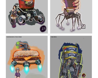 Póster de comida robótica: buggy de ramen, araña de café, dron de hamburguesa con queso, robot de atún – Arte de cocina de ciencia ficción – Lámina retro robótica – Descarga digital