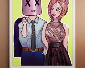 Lámina de arte pop con pareja de cabezas de malvavisco – Arte mural de romance cyberpunk