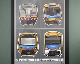 Póster de trenes de Melbourne (descarga digital) / Hitachi, Comeng, X'Trapolis, Siemens Nexas / Lámina artística PT Victoria Rail (tamaño A4)