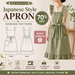 May include: A sewing pattern for a Japanese style apron featuring text that reads SEW YOUR STYLE, Japanese Style APRON, SEWING PATTERN, 70% OFF, INSTANT DOWNLOAD, PDF, STEP-BY-STEP INSTRUCTIONS, A4 US LETTER A0 SIZES, BEGINNER FRIENDLY.