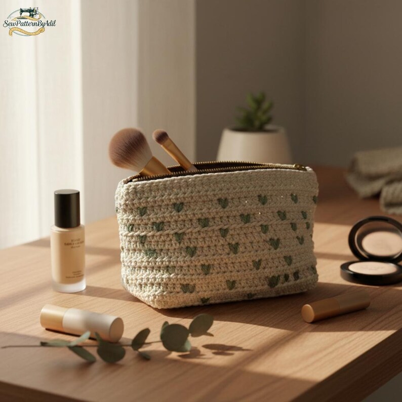 May include: A crocheted makeup bag with a zipper closure, featuring a repeating pattern of small green hearts. The bag contains two makeup brushes. Other makeup items, including foundation and powder, are on the wooden surface.