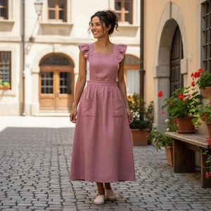 May include: A dusty rose linen apron dress with ruffled sleeves and two front pockets. The dress has a square neckline and a fitted waist. The model is wearing the dress in an outdoor setting with cobblestone streets and buildings in the background.