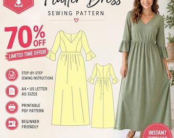 Flutter Sleeve Maxi Dress Sewing Pattern | Beginner Friendly PDF (Instant Download)