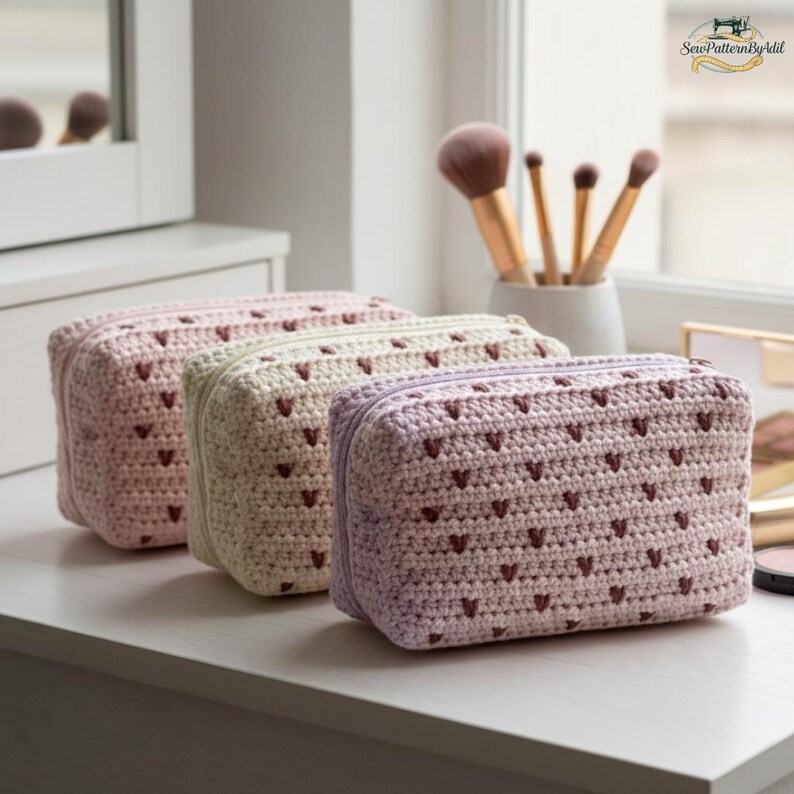 May include: Three crochet cosmetic bags in shades of pink, cream, and lavender, each adorned with a heart pattern. The bags are rectangular with a zipper closure. The text "SewPatternByAdil" is in the upper right corner.