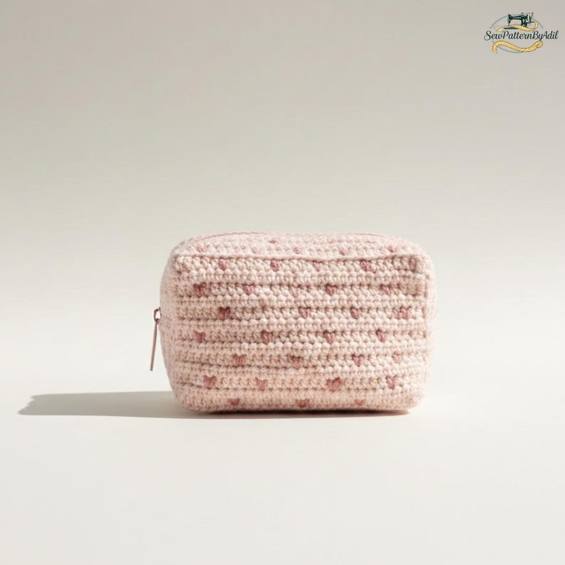 May include: A light pink, crocheted pouch with a zipper closure. The pouch is decorated with small, evenly spaced pink hearts. The item is handmade and appears to be a cosmetic bag or small storage container.