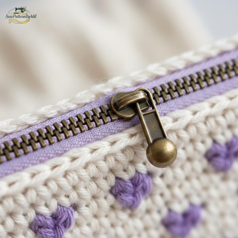 May include: Close-up of a crocheted item with a bronze zipper. The item features a white and lavender heart pattern. The zipper is a dark bronze color, and the fabric is a soft, textured material.