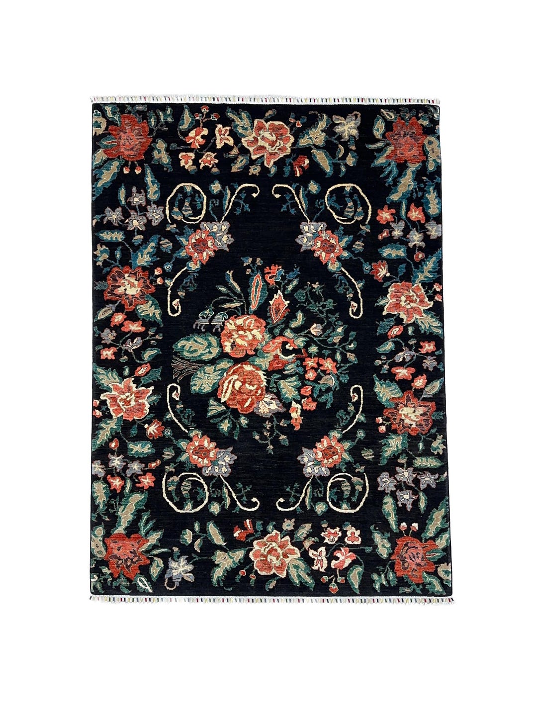6x8 Ft Karabagh Wool Rug - Black Base Floral Pattern Hand Knotted Area ...
