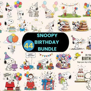 May include: A collection of Snoopy-themed birthday illustrations. The images feature Snoopy with birthday cakes, balloons, and gifts. Text includes "Snoopy Birthday Bundle" and "Happy Birthday!" with the number "44" in a circle.