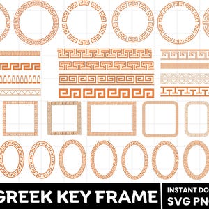 May include: A digital graphic showcasing 34 Greek key frame designs in different shapes, such as circles, squares, and ovals. The frames are a warm, earthy orange colour. Text at the bottom reads "GREEK KEY FRAME" and "INSTANT DOWNLOAD SVG PNG PDF".