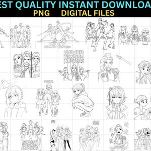 Peut inclure: Ensemble d'illustrations numériques en noir et blanc représentant divers personnages et groupes de style anime. Les images incluent des personnages en poses d'action et des photos de groupe, avec le texte "BEST QUALITY INSTANT DOWNLOAD PNG DIGITAL FILES" en haut.
