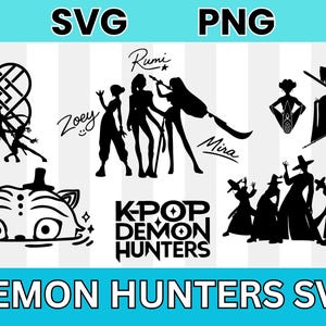Peut inclure: Art numérique SVG et PNG en noir et blanc avec des silhouettes de personnages, dont une tête de chat et des groupes de personnes. Le texte comprend "Zoey", "Rumi", "Mira" et "K-POP DEMON HUNTERS". Le texte "DEMON HUNTERS SVG" est également présent.