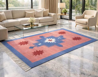 Pink Blue Geometric Handwoven Kilim Rug, Tribal Boho Southwestern Area Carpet