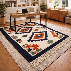 Cream Geometric Tribal Rug, Boho Bohemian Living Room Carpet, Tassel Fringe Home Decor