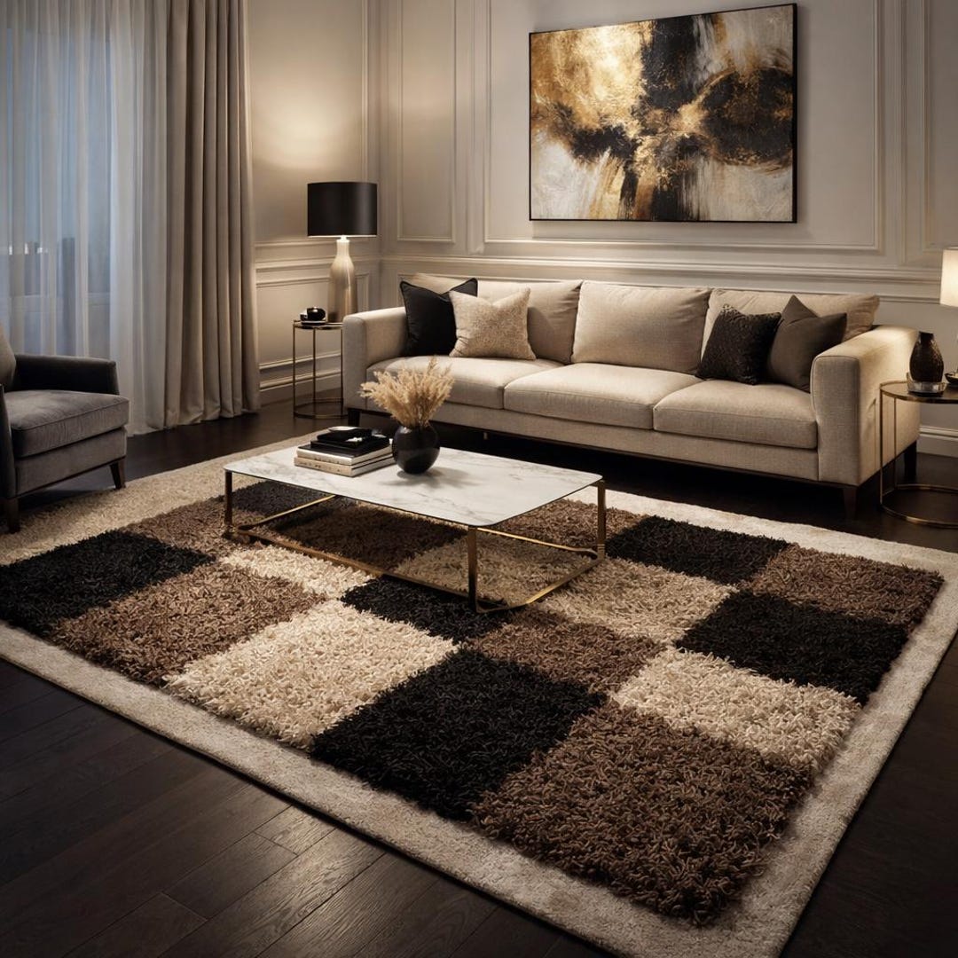 Checkered Shaggy Area Rug, Brown Beige Black Plush Living Room Carpet ...