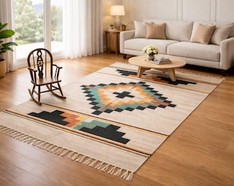 Boho Tribal Kilim Rug, Geometric Southwestern Area Rug, Neutral Farmhouse Decor