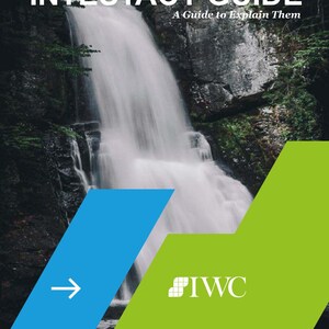 Könnte beinhalten: Ein Leitfaden mit dem Titel "Intestacy Guide" mit dem Text "Intestacy Rules" und "A Guide to Explain Them". Der Hintergrund zeigt einen Wasserfall, der eine felsige Klippe hinunterstürzt. Ein blaues und grünes geometrisches Design befindet sich in den unteren linken und rechten Ecken.