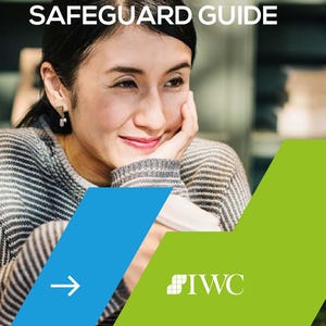 May include: A brochure with the title "EXECUTOR SAFEGUARD GUIDE" shows a woman with her hand on her chin. The design includes blue and green geometric shapes, the IWC logo, and contact details.