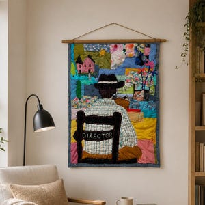 Silla de director hecha a mano, arte textil/collage de patchwork (64 x 89 cm)