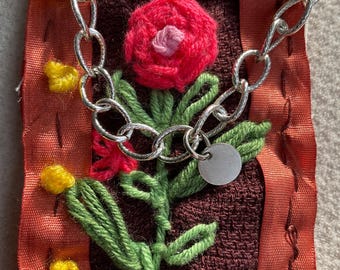 Hand-Stitched Textile Collage Brooch – Upcycled Fabric Art Pin – Statement Wearable Art
