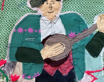 Handmade Folk Art Textile Wall Hanging, Embroidered Figure Banner, Boho Cottagecore Decor