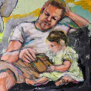 May include: An abstract painting shows a person in a white t-shirt and khaki shorts, seated with a child in a light green dress. They are reading a book together. The artwork uses a palette of muted colours, including yellow, grey, and black.