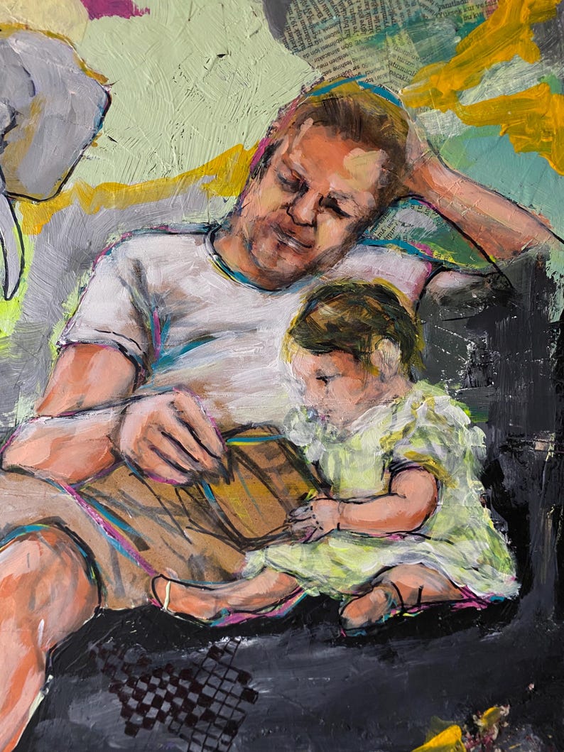 May include: An abstract painting shows a person in a white t-shirt and khaki shorts, seated with a child in a light green dress. They are reading a book together. The artwork uses a palette of muted colours, including yellow, grey, and black.