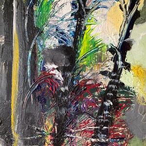 May include: Abstract painting with a textured surface. The artwork features a dark, almost black, central form with accents of red, green, and yellow. The brushstrokes are visible, creating a dynamic and expressive composition.
