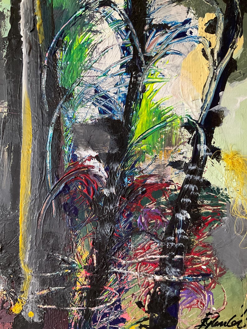 May include: Abstract painting with a textured surface. The artwork features a dark, almost black, central form with accents of red, green, and yellow. The brushstrokes are visible, creating a dynamic and expressive composition.