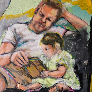 May include: An acrylic painting shows a person in a white t-shirt and shorts, relaxing as a child in a yellow dress reads a book. The artwork has a textured background with green, yellow, and black hues.