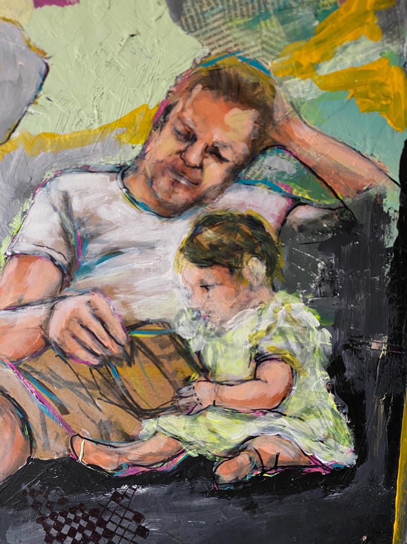May include: An acrylic painting shows a person in a white t-shirt and shorts, relaxing as a child in a yellow dress reads a book. The artwork has a textured background with green, yellow, and black hues.
