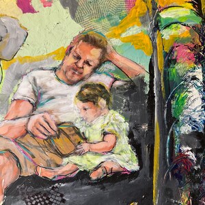 May include: An abstract painting showing a person and a child reading. The person wears a white t-shirt and khaki shorts, the child a light green dress. The background is a mix of colours, including yellow, pink, and green.