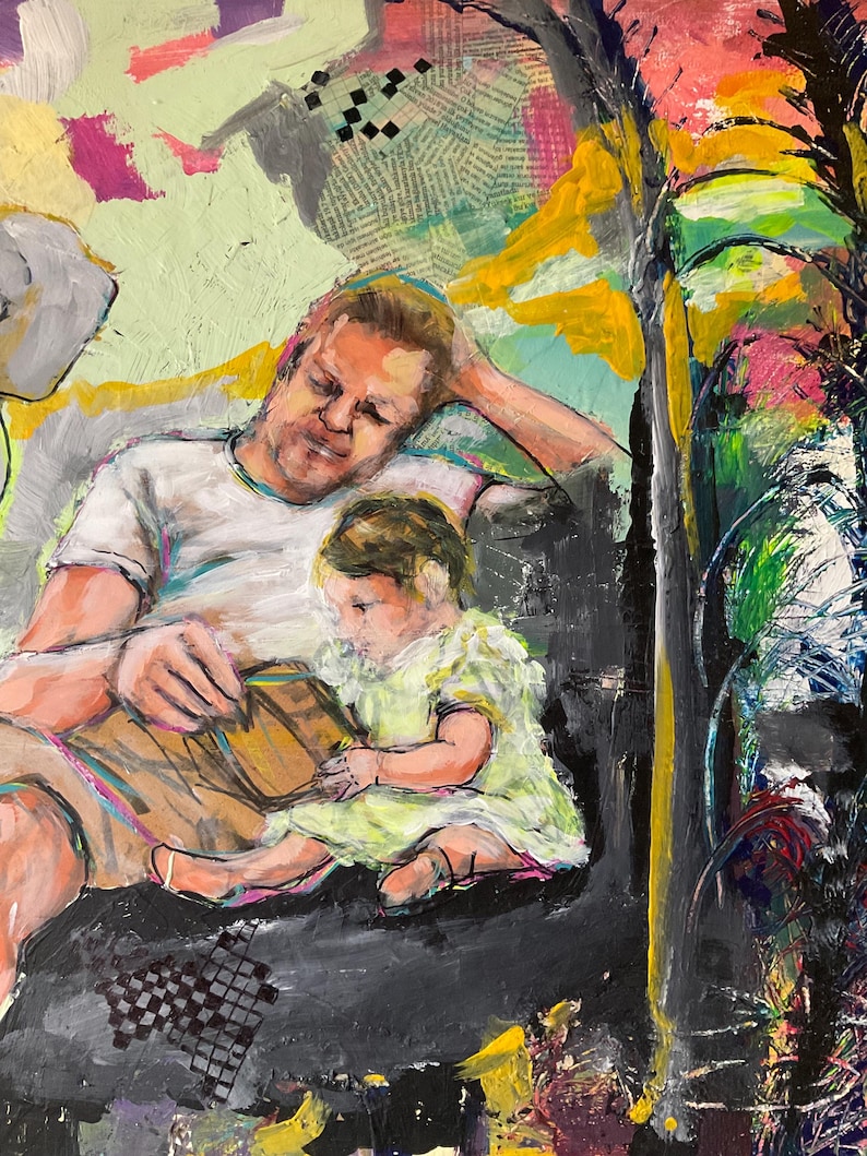 May include: An abstract painting showing a person and a child reading. The person wears a white t-shirt and khaki shorts, the child a light green dress. The background is a mix of colours, including yellow, pink, and green.